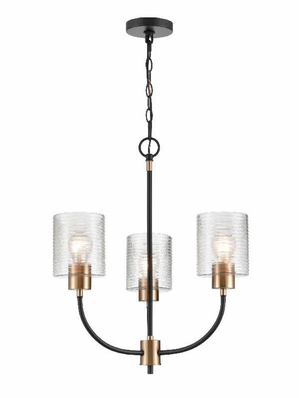 Chandeliers with Metal Frames in Bronze FinishChandeliers with Metal Frames in Bronze Finish3 Lamps Renitta Chandelier - Matte Black / Modern Gold Finish - Clear Ribbed Glass - 20in Diameter - E26 Medium Base