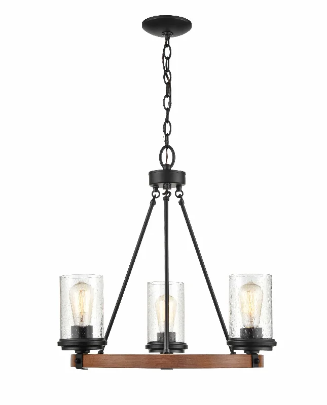Chandeliers with Frosted Glass for a Softer Light DiffusionChandeliers with Frosted Glass for a Softer Light Diffusion3 Lamps Taos Chandelier - Matte Black / Wood Grain - Clear Seeded Glass - 21.08in Diameter - E26 Medium Base