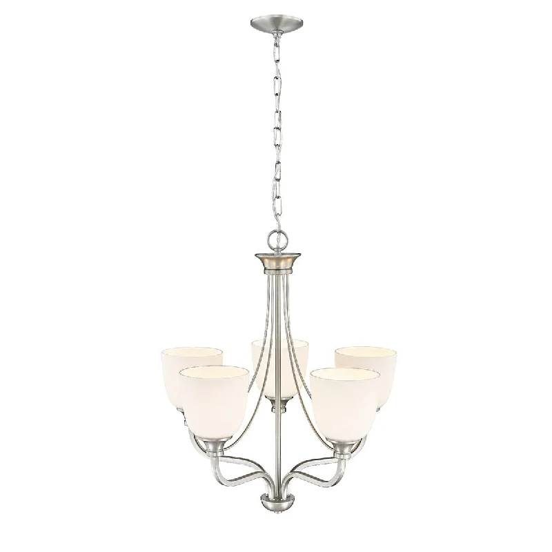 Chandeliers with Metal Frames in Gold FinishChandeliers with Metal Frames in Gold Finish5 Lamps Alberta Chandelier - Brushed Nickel Finish - White Glass - 24in Diameter - E26 Medium Base