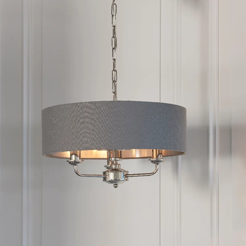 Chandeliers with Metal Frames in Gold FinishChandeliers with Metal Frames in Gold FinishEndon Highclere 3lt Pendant Bright Nickel & Charcoal