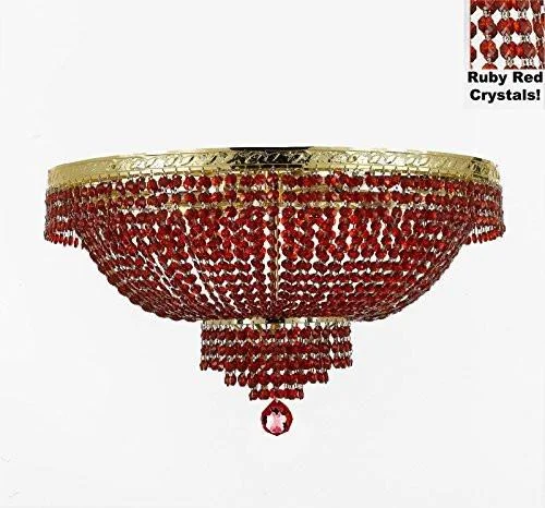 Chandeliers with Metal Frames in Bronze FinishChandeliers with Metal Frames in Bronze FinishFrench Empire Semi Flush Crystal Chandelier Lighting - Dressed With Red Beads Color Crystals H21" X W30" - F93-B81/Flush/Cg/870/14