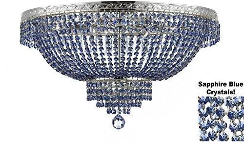 Large Chandeliers for Grand Halls and FoyersLarge Chandeliers for Grand Halls and FoyersFrench Empire Semi Flush Crystal Chandelier Lighting - Dressed With Sapphire Blue Color Crystals H21" X W30" - F93-B82/Flush/Cs/870/14