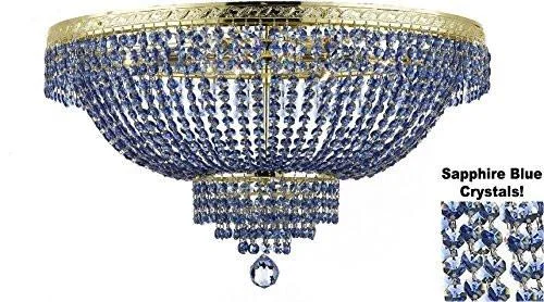 Victorian - Inspired Chandeliers with Ornate DetailsVictorian - Inspired Chandeliers with Ornate DetailsFrench Empire Semi Flush Crystal Chandelier Lighting - Dressed With Sapphire Blue Color Crystals H21" X W30" - F93-B82/Flush/Cg/870/14