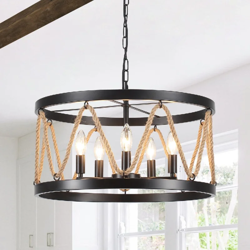 Chandeliers with Metal Frames in Silver FinishChandeliers with Metal Frames in Silver FinishModern 5-Light Hand-Woven Hemp Rope Drum Chandelier for Dining Room, Classic Semi Flush Mount Chandelier - W19.68"x H9.44"