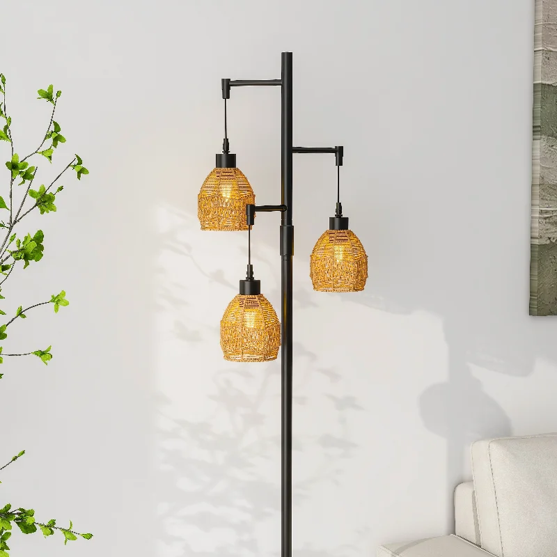 Wood Floor Lamp with Natural Grain for a Warm and Organic FeelWood Floor Lamp with Natural Grain for a Warm and Organic Feel3-Lights Boho Floor Lamp with Rattan Shades