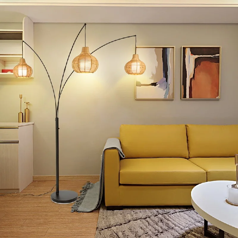 Bohemian Inspired Floor Lamp for Eclectic Home DecorBohemian Inspired Floor Lamp for Eclectic Home Decor90" 3-Light Rustic Rattan Floor Lamp Farmhouse Arc Tall Standing Lamps E26 Scocket Bulbs Warm White