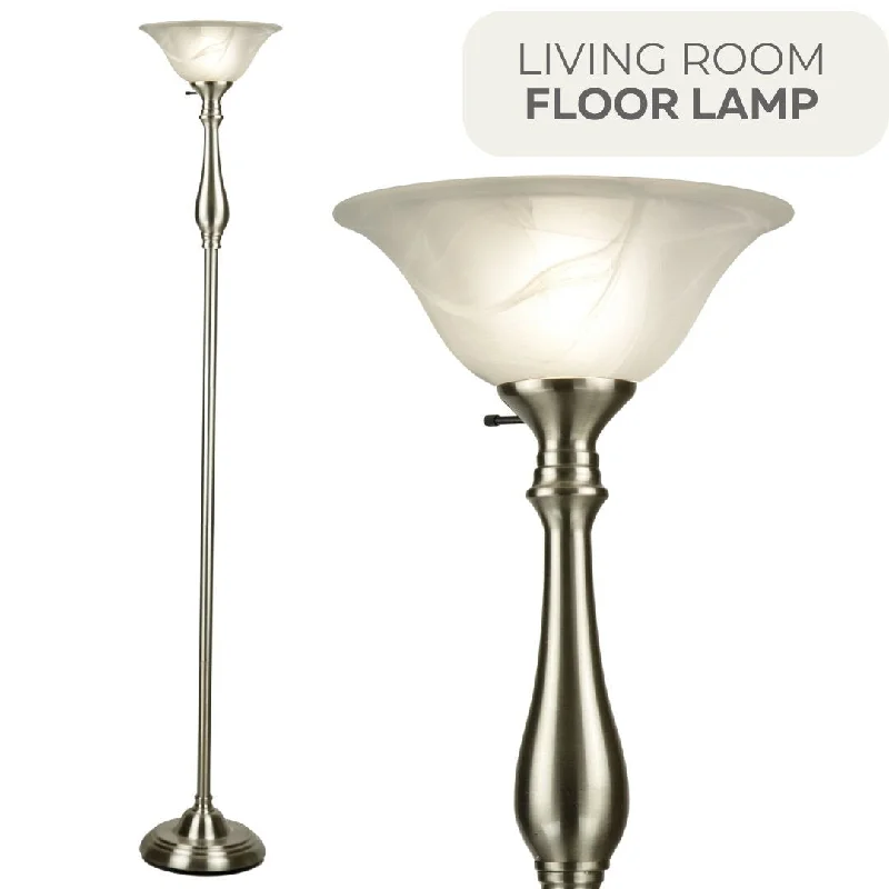 USB Charging Port Floor Lamp for Convenient Device ChargingUSB Charging Port Floor Lamp for Convenient Device ChargingBrushed Nickel Floor Lamp with White Alabaster Bowl Glass Shade - Measures: L:12 in. x W:12 in. x H:72 in.