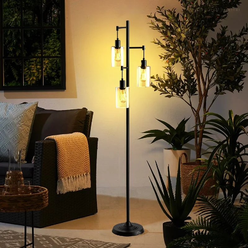Metal Floor Lamp with a Matte Black Finish for a Sleek LookMetal Floor Lamp with a Matte Black Finish for a Sleek LookFarmhouse Floor Lamp 3-Head Hanging Amber Glass Color Shade Bulbs Included - Black