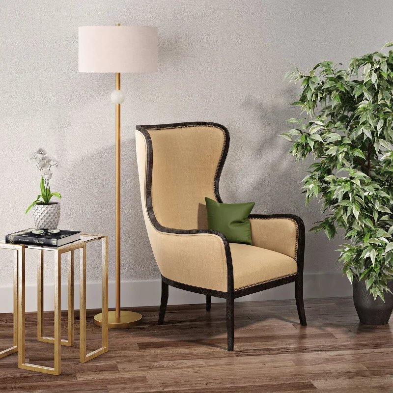 Wood Floor Lamp with Natural Grain for a Warm and Organic FeelWood Floor Lamp with Natural Grain for a Warm and Organic FeelLaura Luxe Floor Lamp in Antique Brass & Alabaster with Linen Shade