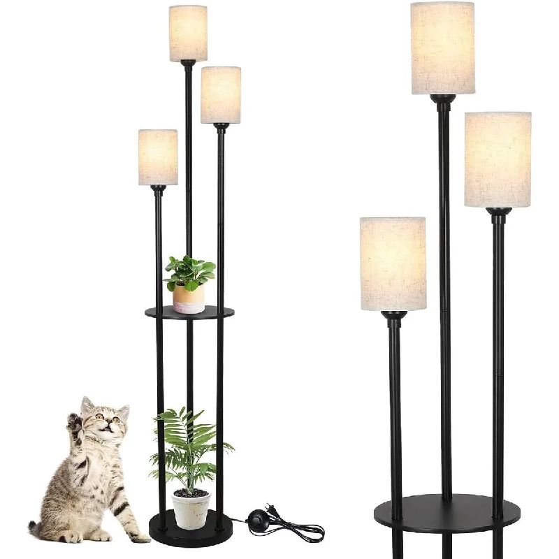 Bohemian Inspired Floor Lamp for Eclectic Home DecorBohemian Inspired Floor Lamp for Eclectic Home DecorModern 3-Lights Floor Lamp with Shelves, Linen Shade and Foot Switch