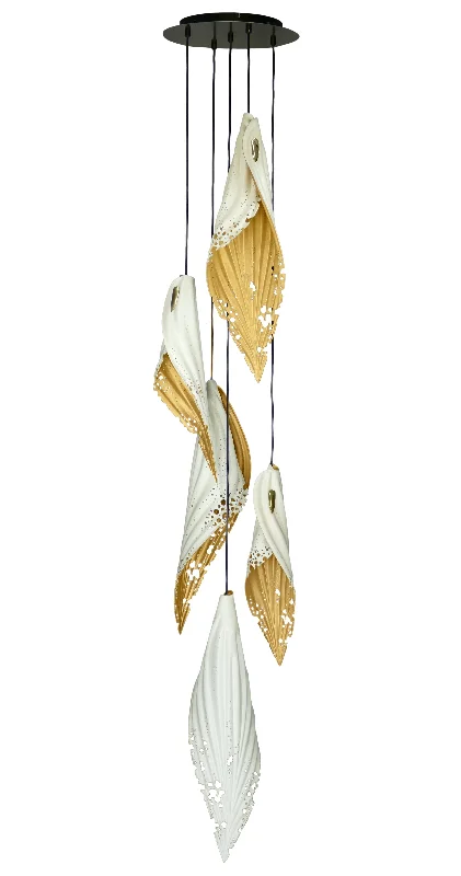 Industrial Style Ceiling Lights with Exposed Bulbs and Metal CagesIndustrial Style Ceiling Lights with Exposed Bulbs and Metal CagesPierced Blade 5-Piece Leather Pendant - Bone/Gold